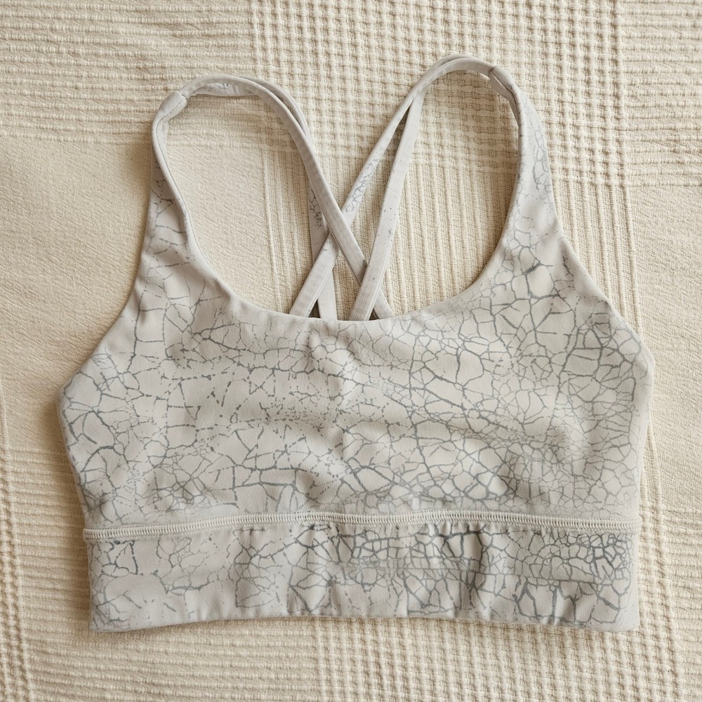 Lululemon Energy Bra Longline Grey White Crackle Print Strappy Sports Bra Size 4
